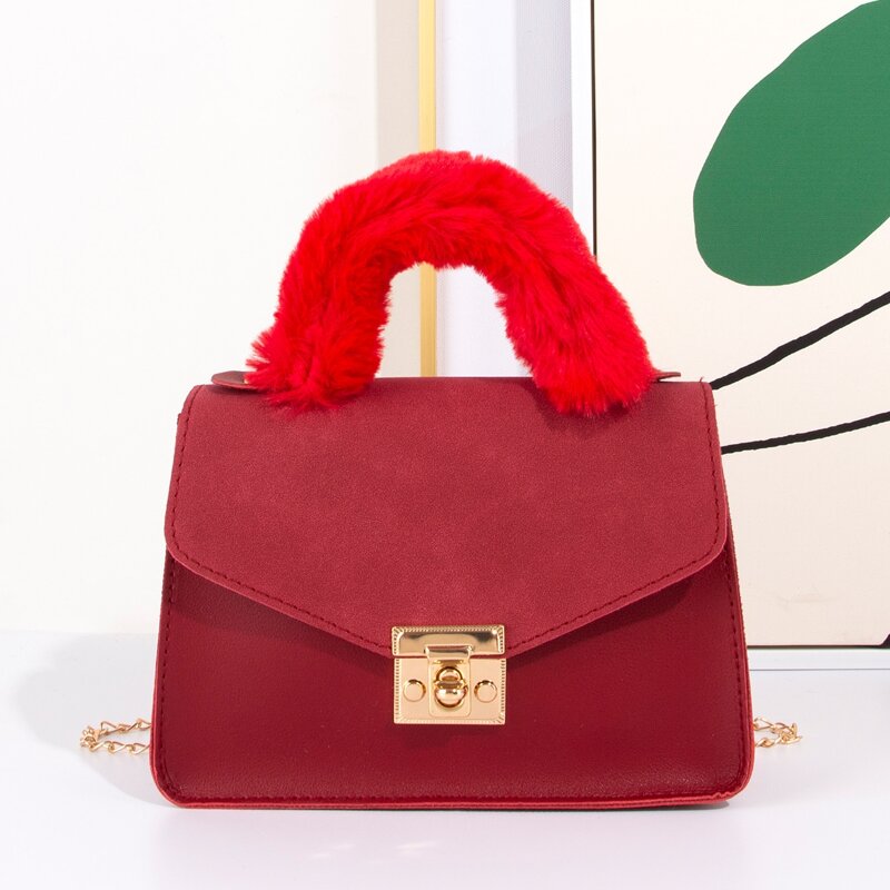 

Minimalist Fluffy Top Handle Square Bag, Red