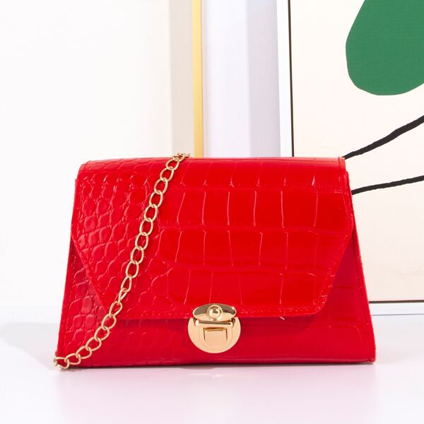 

Croc Embossed Flap Square Bag, Red