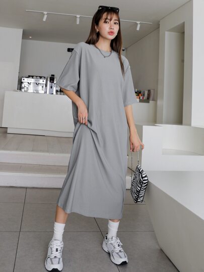 DAZY Solid Drop Shoulder Tee Dress,Casual Women Dresses