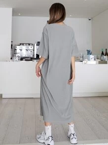 DAZY Solid Drop Shoulder Tee Dress,Casual Women Dresses - Grey - View 2