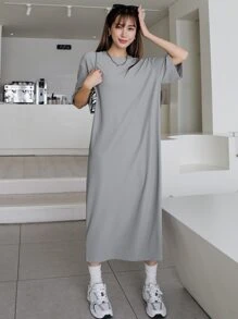 DAZY Solid Drop Shoulder Tee Dress,Casual Women Dresses - Grey - View 3