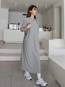 DAZY Solid Drop Shoulder Tee Dress,Casual Women Dresses - Grey - View 5