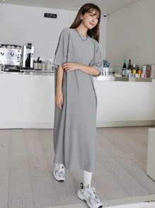 DAZY Solid Drop Shoulder Tee Dress,Casual Women Dresses - Grey - View 6