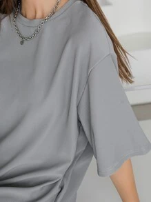 DAZY Solid Drop Shoulder Tee Dress,Casual Women Dresses - Grey - View 7