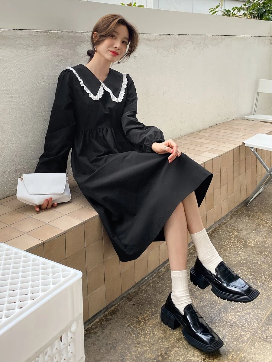 DAZY Đầm viền lá sen Thanh lịch - màu đen - Xem 1