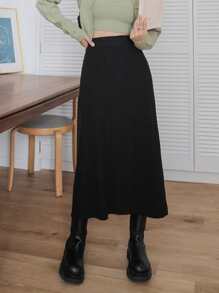 DAZY Falda de talle alto tejido de canalé - Negro - Ver 1