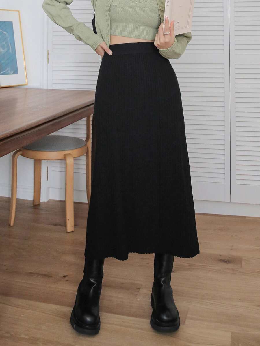 DAZY Falda de talle alto tejido de canalé - Negro - Ver 1