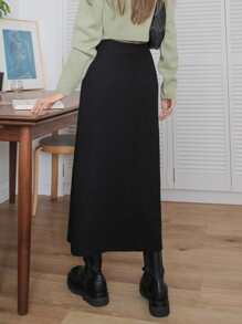 DAZY Falda de talle alto tejido de canalé - Negro - Ver 2