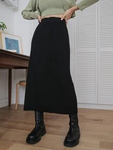 DAZY Falda de talle alto tejido de canalé - Negro - Ver 3