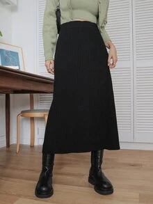 DAZY Falda de talle alto tejido de canalé - Negro - Ver 5