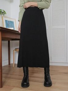 DAZY Falda de talle alto tejido de canalé - Negro - Ver 6