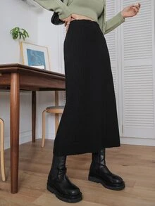 DAZY Falda de talle alto tejido de canalé - Negro - Ver 7