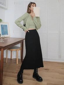 DAZY Falda de talle alto tejido de canalé - Negro - Ver 8