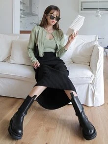 DAZY Falda de talle alto tejido de canalé - Negro - Ver 9