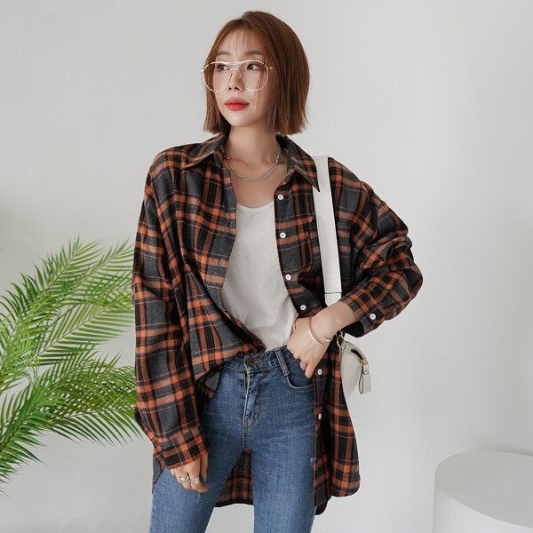 

Plaid Patched Pocket Drop Shoulder Blouse, Multicolor