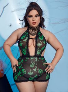 Plus Halloween Print Mesh Slips With Thong - Black - View 3