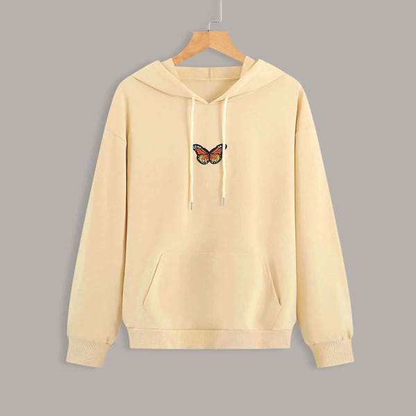 

Butterfly Patched Kangaroo Pocket Drawstring Hoodie, Beige