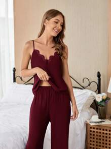 Bộ đồ ngủ Nữ Tương phản ren màu trơn Đơn giản - Màu Tím - Xem 5