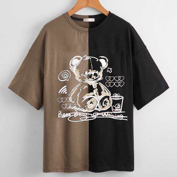 

Plus Bear And Letter Graphic Colorblock Drop Shoulder Tee, Multicolor
