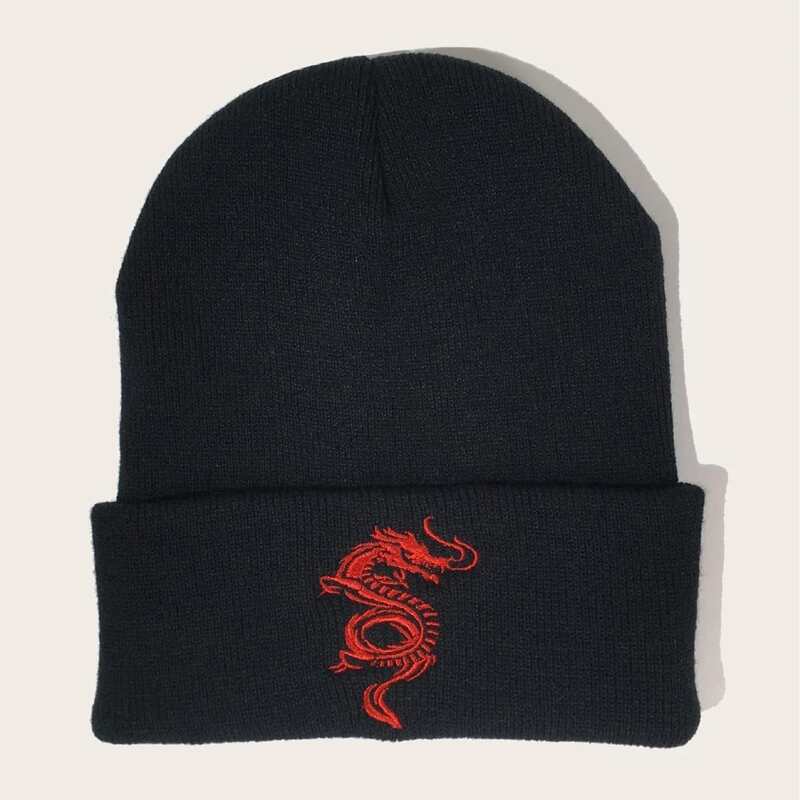 

Guys Dragon Embroidery Knit Beanie, Black