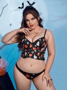 Plus Halloween Print Underwire Lingerie Set - Black - View 1