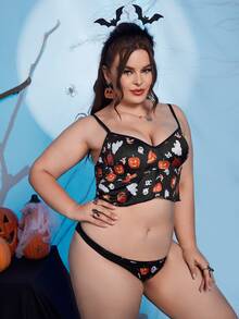 Plus Halloween Print Underwire Lingerie Set - Black - View 4