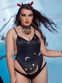 Plus Halloween Print Teddy Bodysuit - Navy Blue - View 3