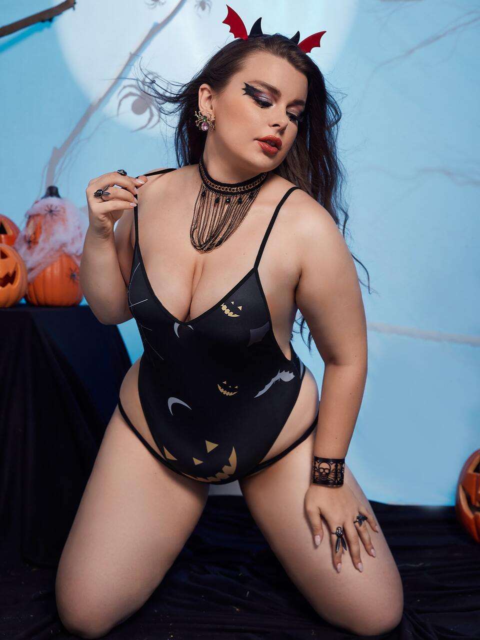 Plus Halloween Print Teddy Bodysuit