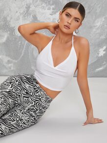 SHEIN 垂褶領綁露背繞頸上衣 - 白色 - 查看 1