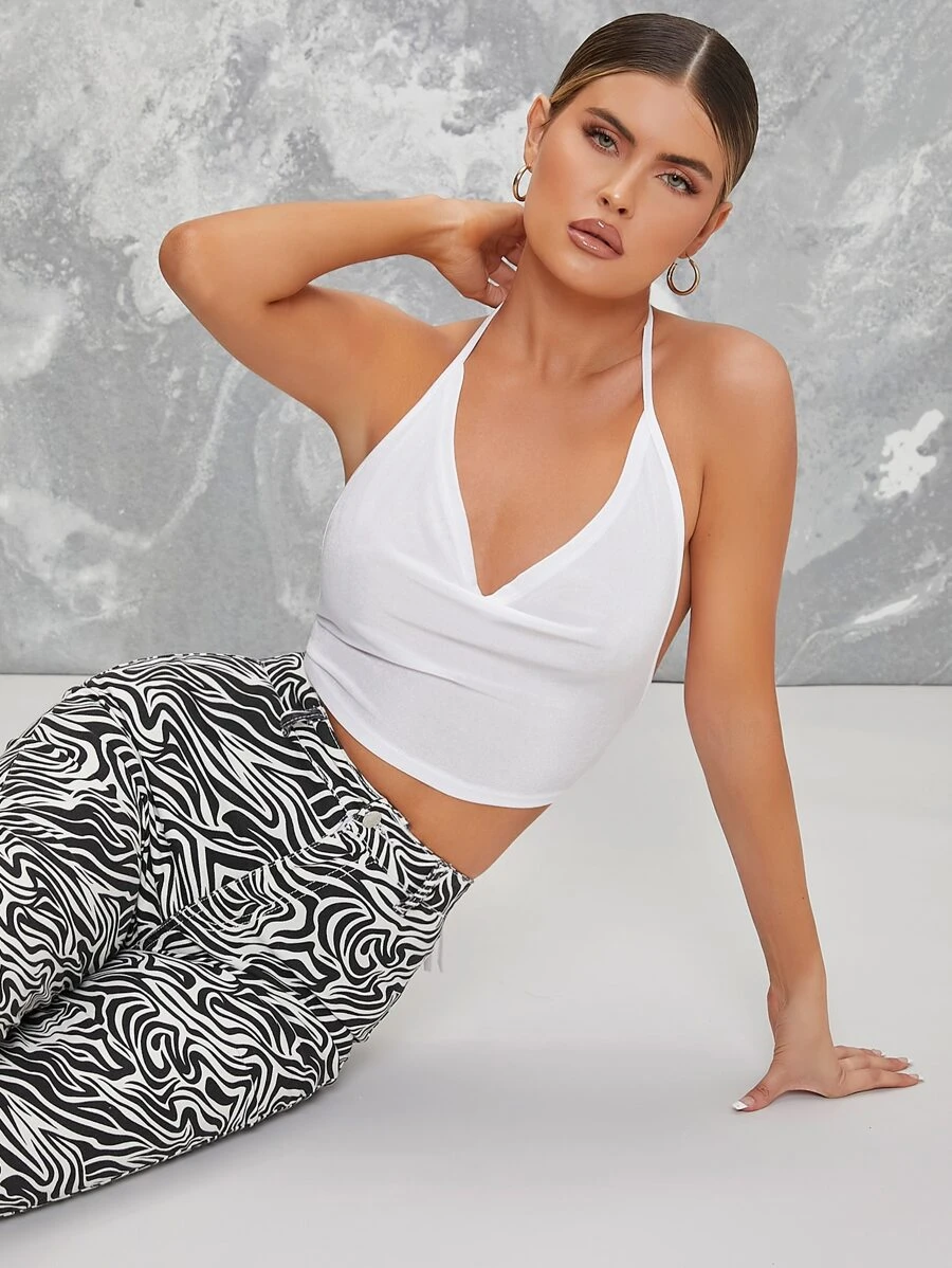 SHEIN 垂褶領綁露背繞頸上衣 - 白色 - 查看 1