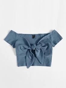 SHEIN EZwear Plus Off Shoulder Knot Front Tee - Dusty Blue - View 4