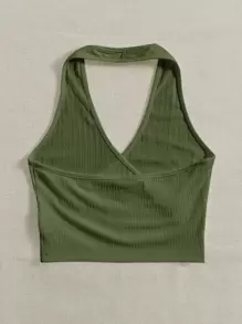 SHEIN EZwear Plus Backless Crop Halter Top - Army Green - View 2