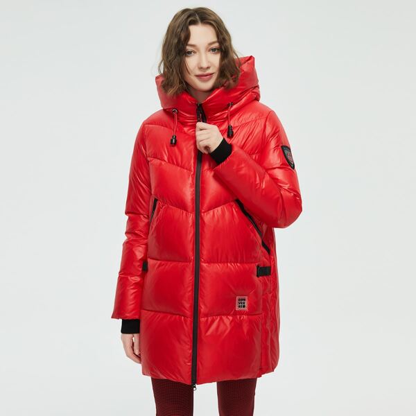 

Letter Tape Detail Slant Pocket Hooded Winter Coat, Red