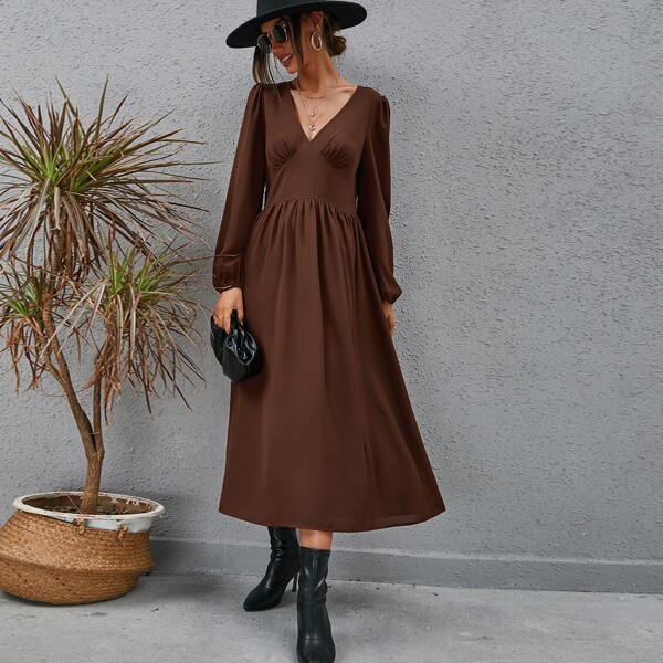 

V Neck Lantern Sleeve Plicated Hem Dress, Chocolate brown