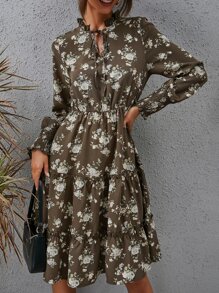 Floral Print Shirred Cuff Tie Neck Frilled Ruffle Hem Dress - Multicolor - View 1