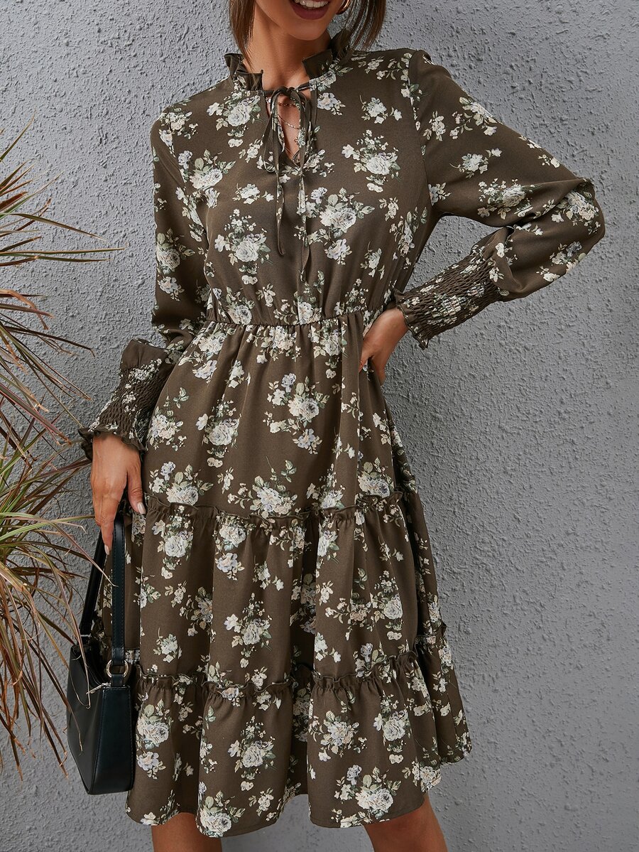 Floral Print Shirred Cuff Tie Neck Frilled Ruffle Hem Dress - Multicolor - View 1