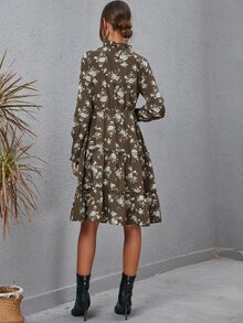Floral Print Shirred Cuff Tie Neck Frilled Ruffle Hem Dress - Multicolor - View 2