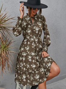 Floral Print Shirred Cuff Tie Neck Frilled Ruffle Hem Dress - Multicolor - View 4