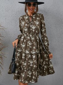 Floral Print Shirred Cuff Tie Neck Frilled Ruffle Hem Dress - Multicolor - View 5