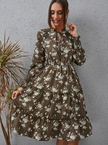 Floral Print Shirred Cuff Tie Neck Frilled Ruffle Hem Dress - Multicolor - View 6