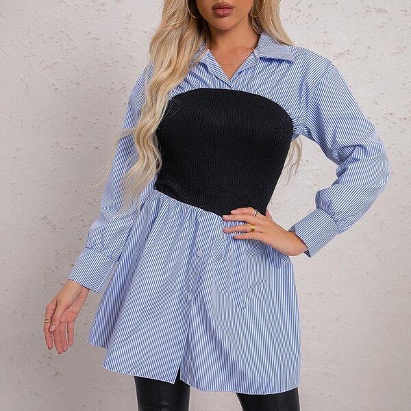 

Striped Print Ribbed Knit 2 In 1 Shirt, Blue and white