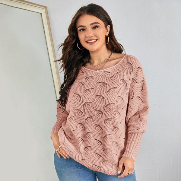 

Plus Pointelle Knit Batwing Sleeve Sweater, Coral pink