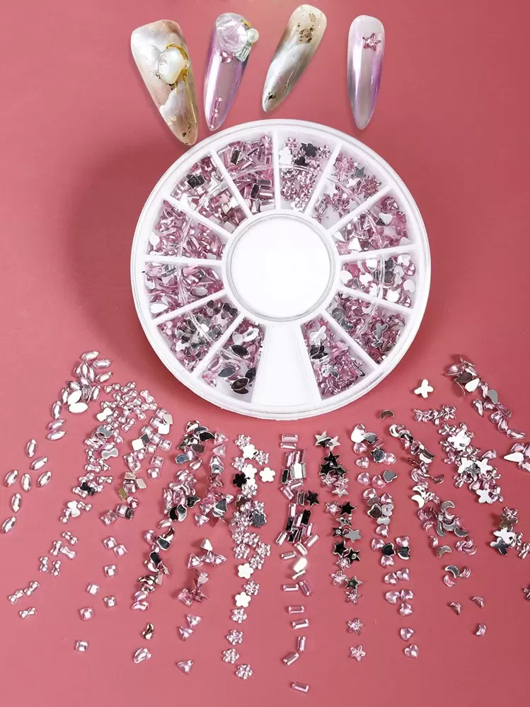 1 กล่องดอกไม้และการออกแบบรูปหัวใจ rhinestone ตกแต่งเล็บ - สีชมพู - ดู 1
