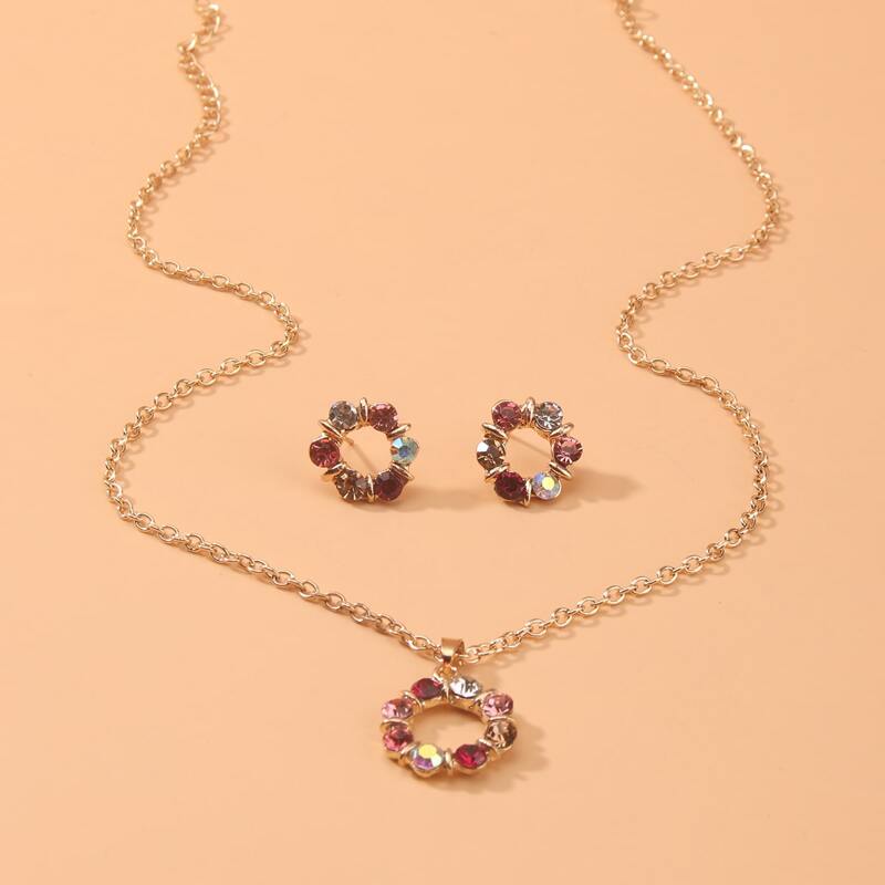 

1pc Rhinestone Decor Necklace & 2pcs Earrings, Gold