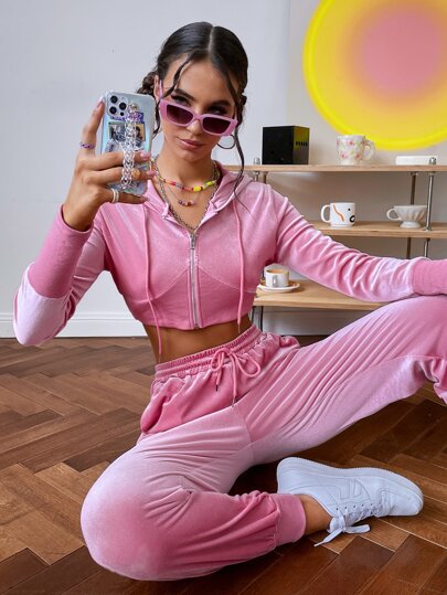 unicolor corto de terciopelo con cordón Capucha & Pantalones deportivos