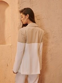 SHEIN Áo khoác  âu phục nữ Nút Túi Khối Màu Thanh lịch - Màu be - Xem 2