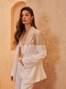 SHEIN Áo khoác  âu phục nữ Nút Túi Khối Màu Thanh lịch - Màu be - Xem 3