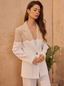 SHEIN Áo khoác  âu phục nữ Nút Túi Khối Màu Thanh lịch - Màu be - Xem 4