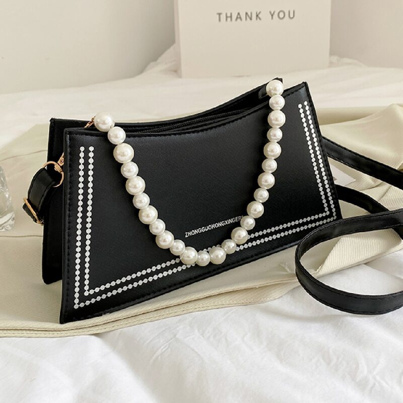 

Faux Pearl Beaded Satchel Bag, Black