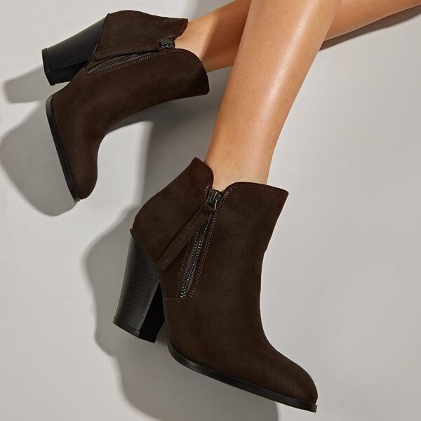 

Suede Side Zip Chunky Heeled Boots, Brown